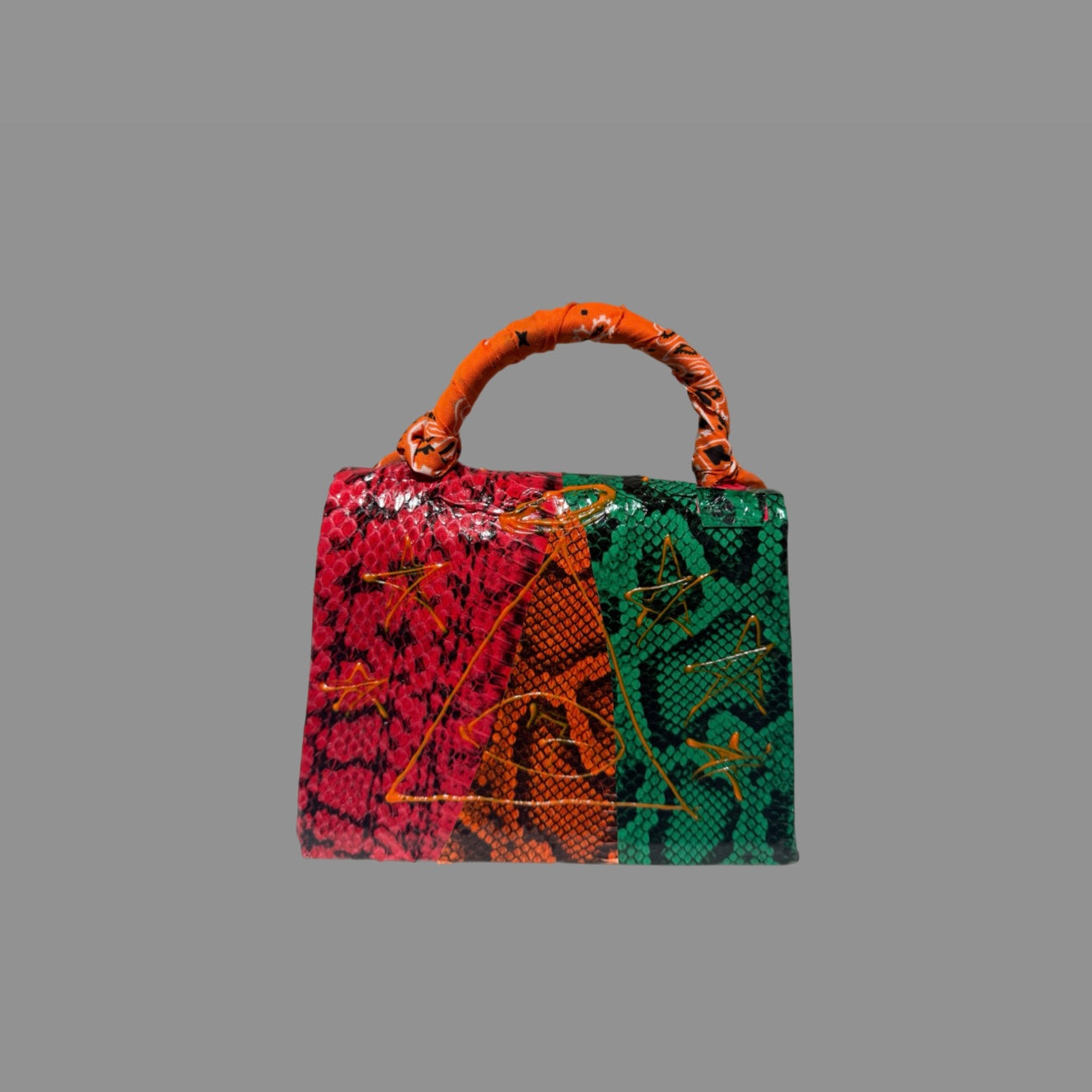 RED, ORANGE AND GREEN SNAKESKIN BAG