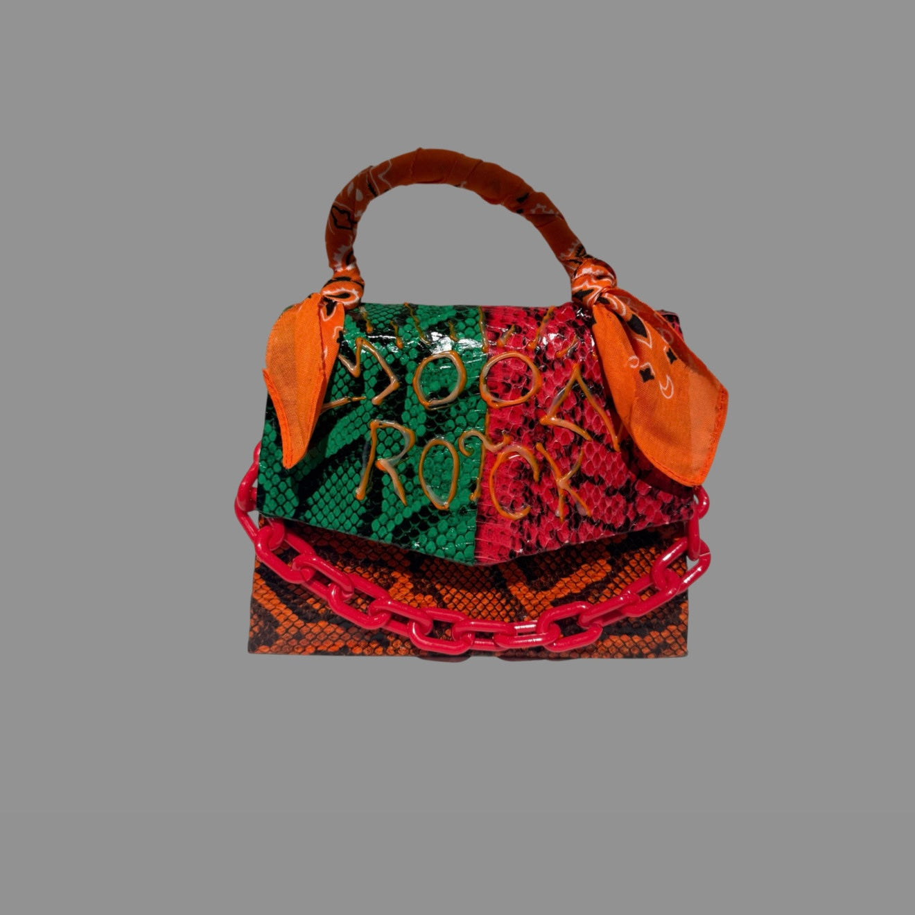 RED, ORANGE AND GREEN SNAKESKIN BAG