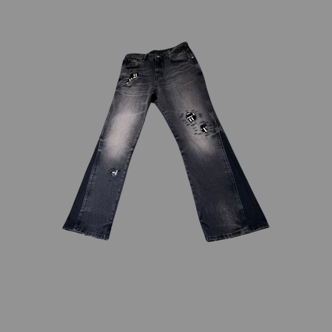 BLACK AND WHITE PONY HAIR PATCH FLARE DENIM