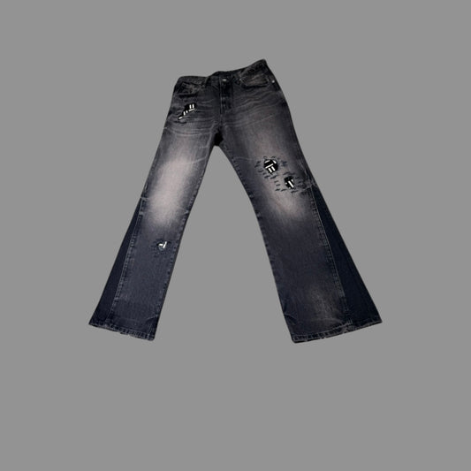 BLACK AND WHITE PONY HAIR PATCH FLARE DENIM