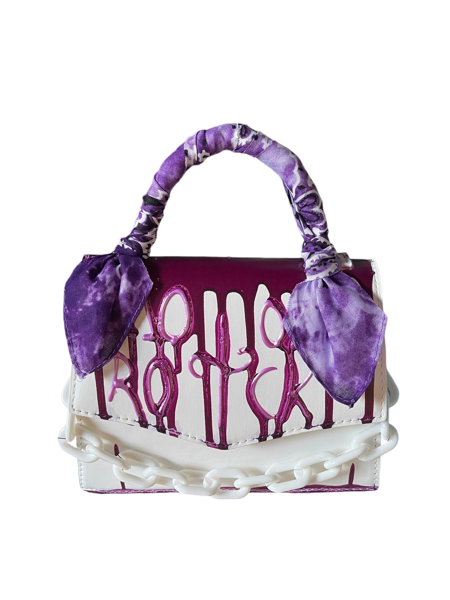 white and purple bandana bag