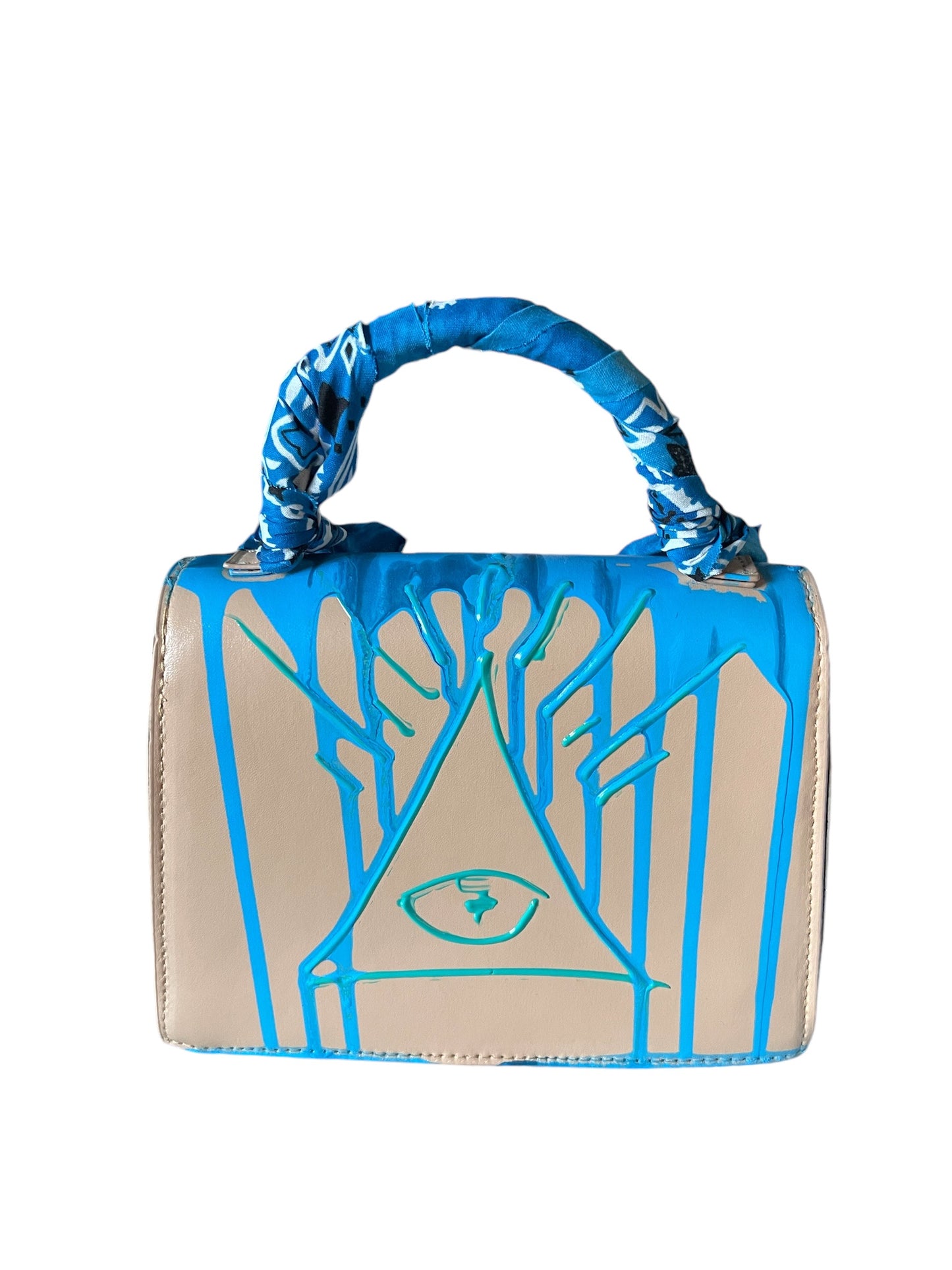 beige and blue bandana bag
