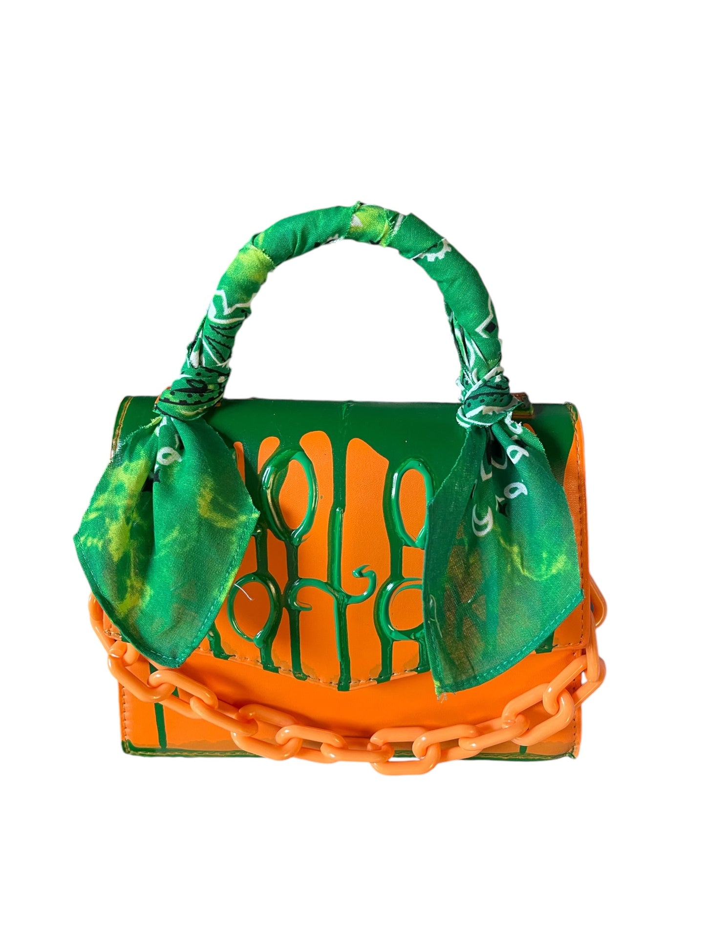 orange and green bandana bag