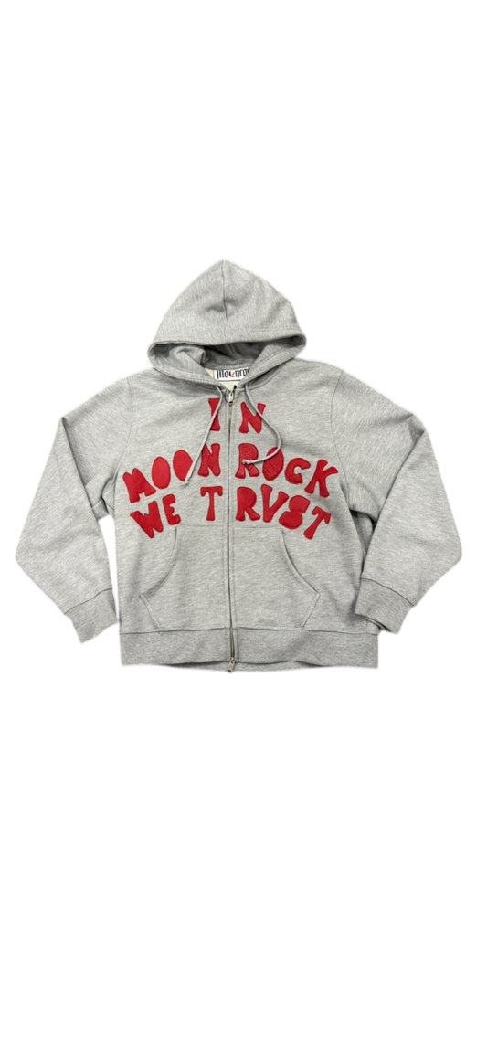 RED TRUST LEATHER PATCH ZIP HOODIE
