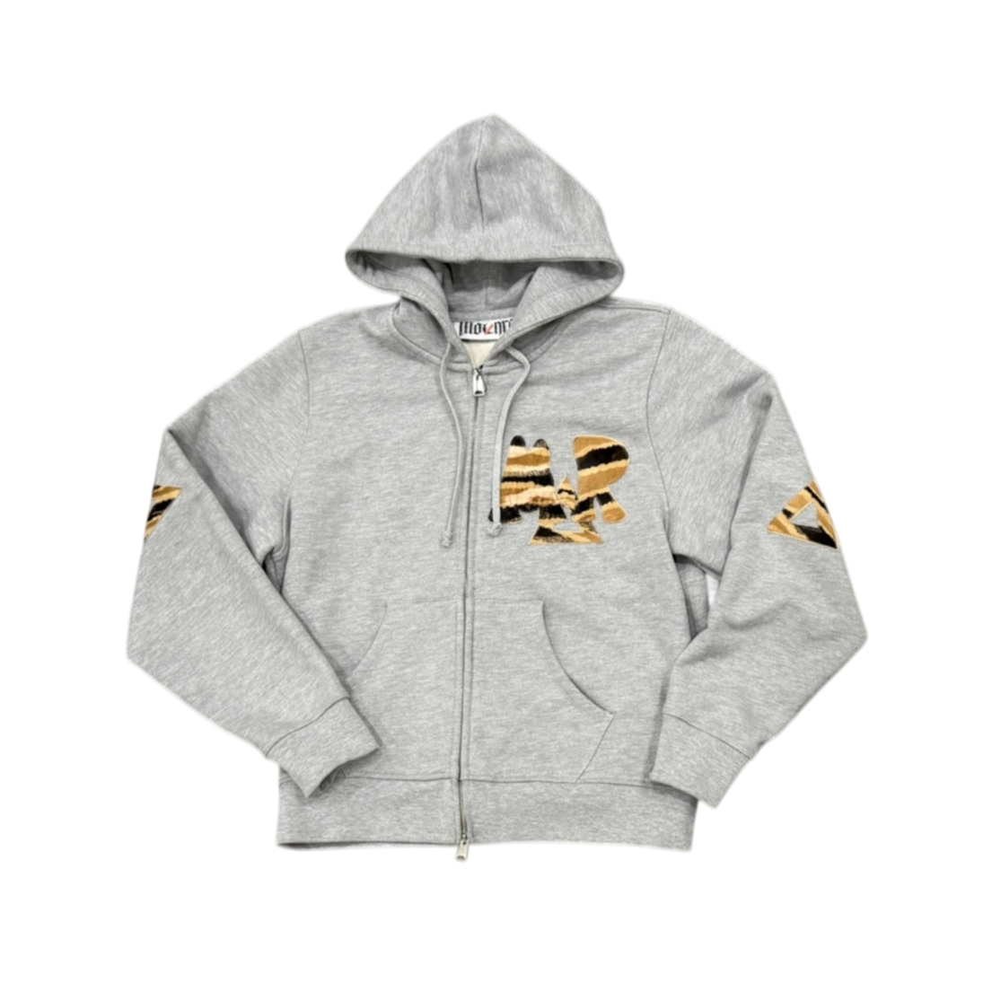 TIGER PRINT PONY HAIR LEATHER PATCH ZIP HOODIE