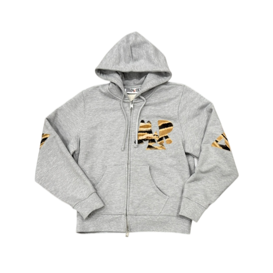 TIGER PRINT PONY HAIR LEATHER PATCH ZIP HOODIE