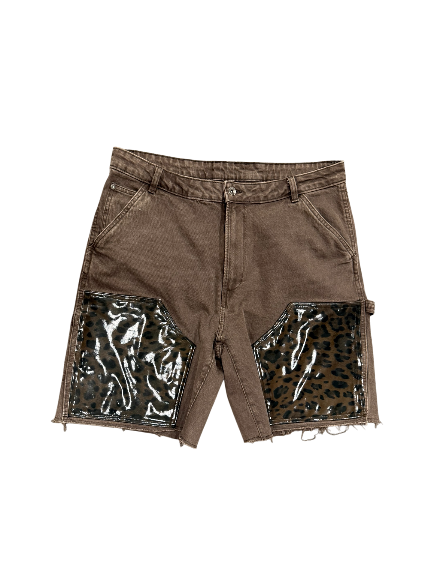 BROWN LEOPARD LEATHER SHORTS