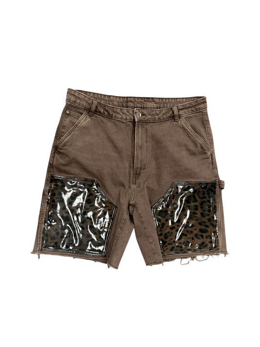 BROWN LEOPARD LEATHER SHORTS