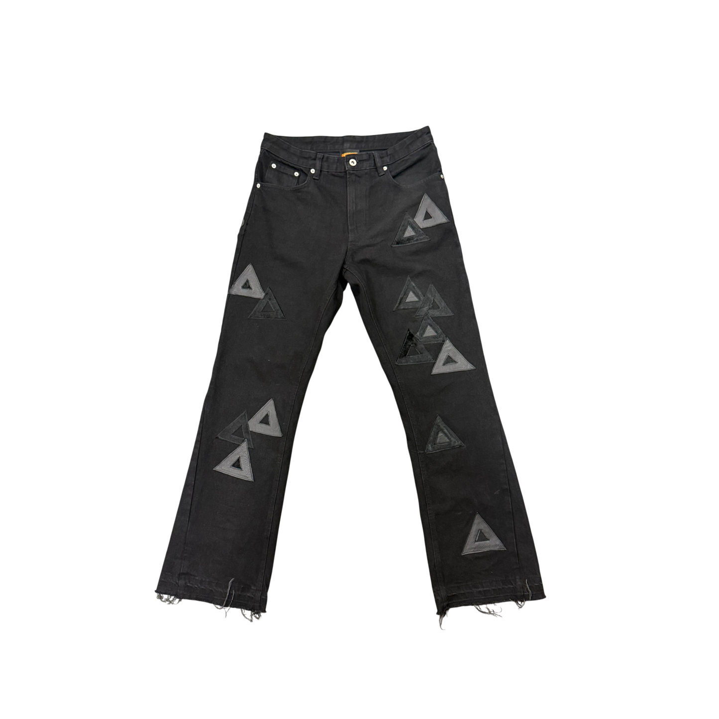 BLACK LEATHER/PONY HAIR PATCHES FLARE JEANS