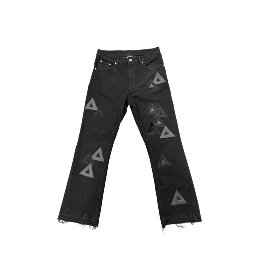 BLACK LEATHER/PONY HAIR PATCHES FLARE JEANS