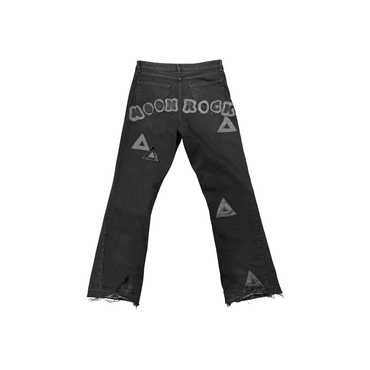 BLACK LEATHER/PONY HAIR PATCHES FLARE JEANS