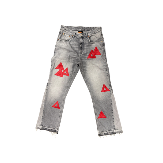 RED LEATHER PATCHES FLARE JEANS