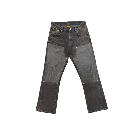 BLACK DOUBLE KNEE FLARE JEANS